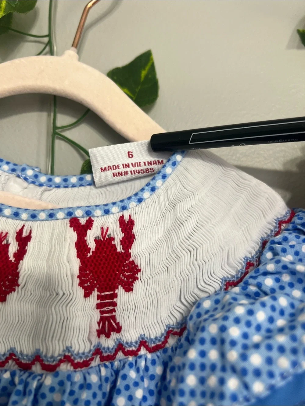 Blue Smocked Nightgown for Girls with Red Embroidery